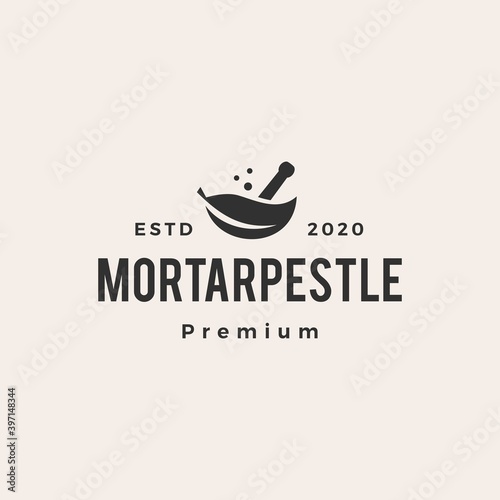 mortar pestle leaf bowl hipster vintage logo vector icon illustration