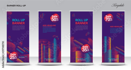 Purple Roll up banner vector template, Modern Exhibition Advertising Trend Business Roll Up Banner, Stand, Poster, Brochure flat design, Presentation, display, x-banner, flag-banner. Stock vector.