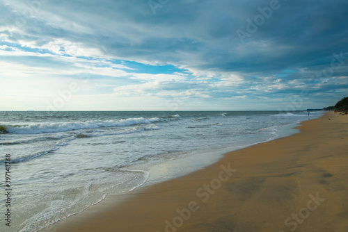 Beautiful ocean beach view with cloudy sky copy, Tropical beach with cloudy sky , Blue sky, Nature photography, High quality photograph