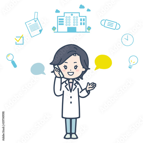 電話相談に応じる女医のイラスト