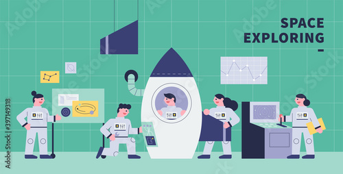 An astronaut is repairing a spacecraft in the lab. banner concept poster. flat design style minimal vector illustration.
