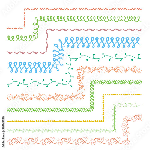 Vector set of five hand drawn brushes with corner tiles. Seamless pattern of different colors for frames, borders and design elements. Vector isolated illustration. Brushes are included in eps.