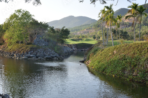 View of the canal against the background of the mountains