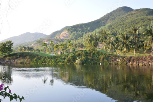 View of the canal against the background of the mountains