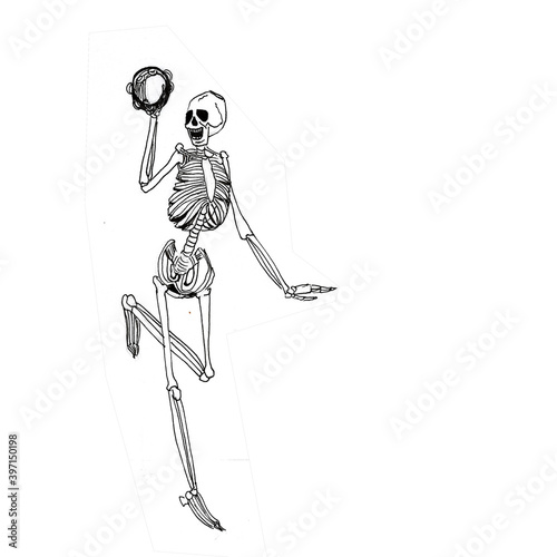 Skeleton playing tambourine and dancing. Raster stock illustration, hand ink drawn sketch.