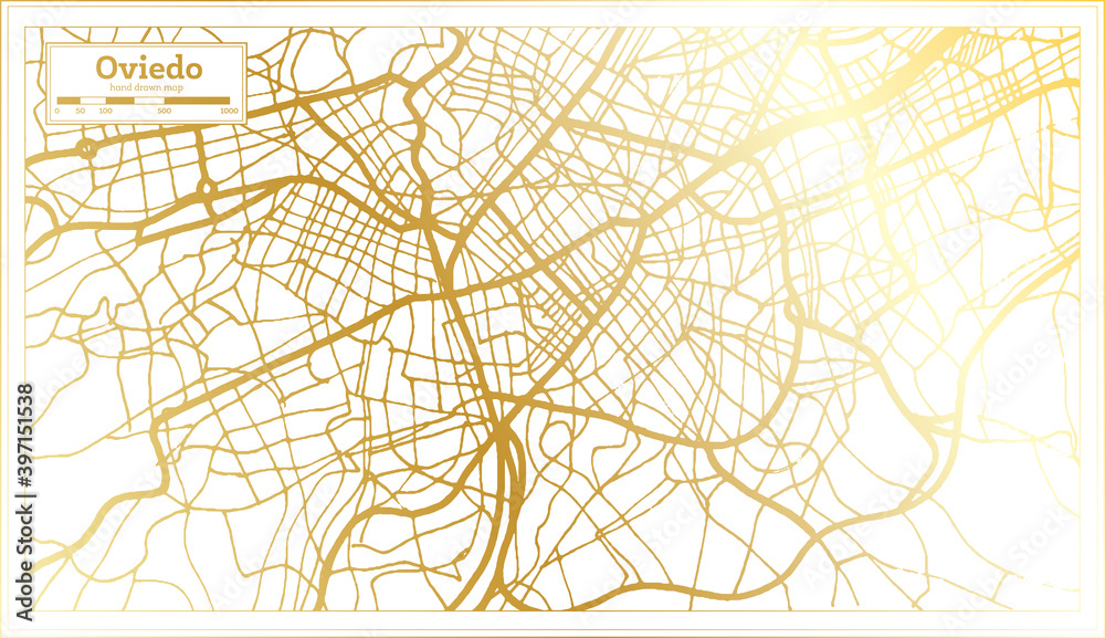 Oviedo Spain City Map in Retro Style in Golden Color. Outline Map.