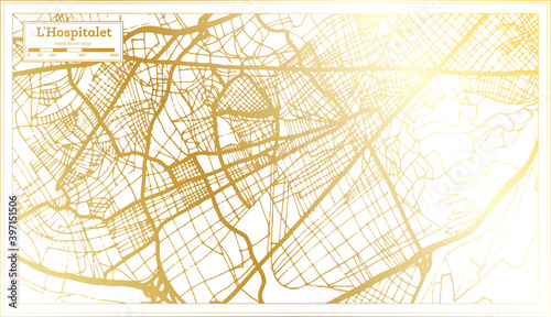 L Hospitalet Spain City Map in Retro Style in Golden Color. Outline Map.