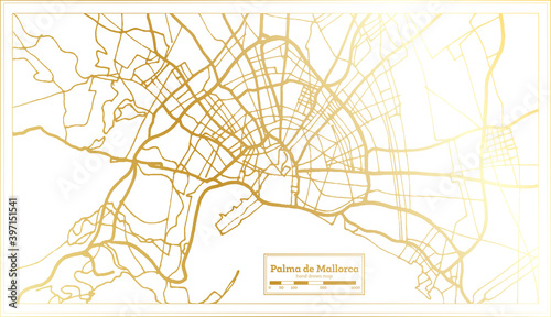 Palma de Mallorca Spain City Map in Retro Style in Golden Color. Outline Map.