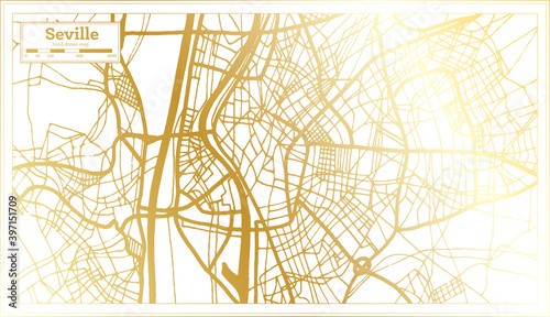 Seville Spain City Map in Retro Style in Golden Color. Outline Map.