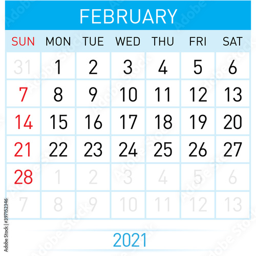 February Planner Calendar 2021. Illustration of Calendar in Simple and Clean Table Style for Template Design on White Background. Week Starts on Sunday
