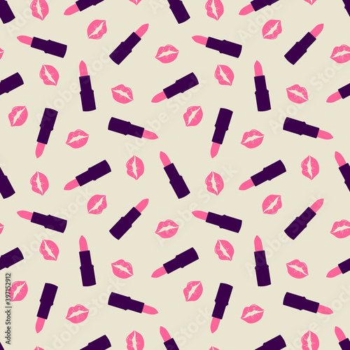 Pink kisses and lipstick seamless pattern. Cosmetic seamless pattern. Design for the beauty industry, advertising, Valentine's Day