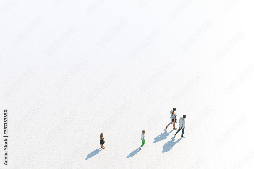 Stylish Couple Walking With Two Young Children, High Angle View, Isolated Against White, Unrecognizable. 3d Rendering.