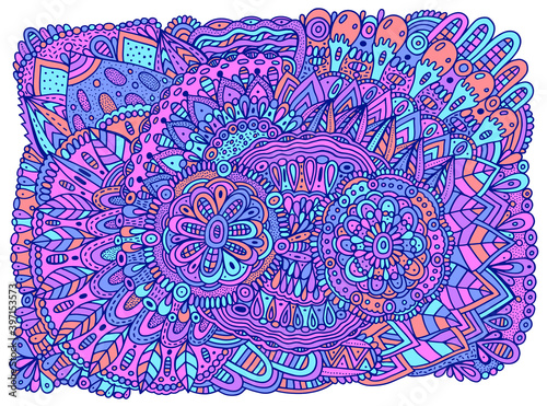 Floral mandala ornament with flowers and leaves. Doodle ornated vibrant multicolor art. Abstract trippy pattern. Vector artwork