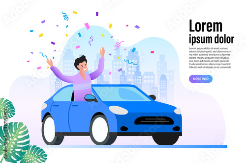 Young driver leaning out of the car window. Enjoying the ride vector illustration cartoon character. Transport and lease concept.
