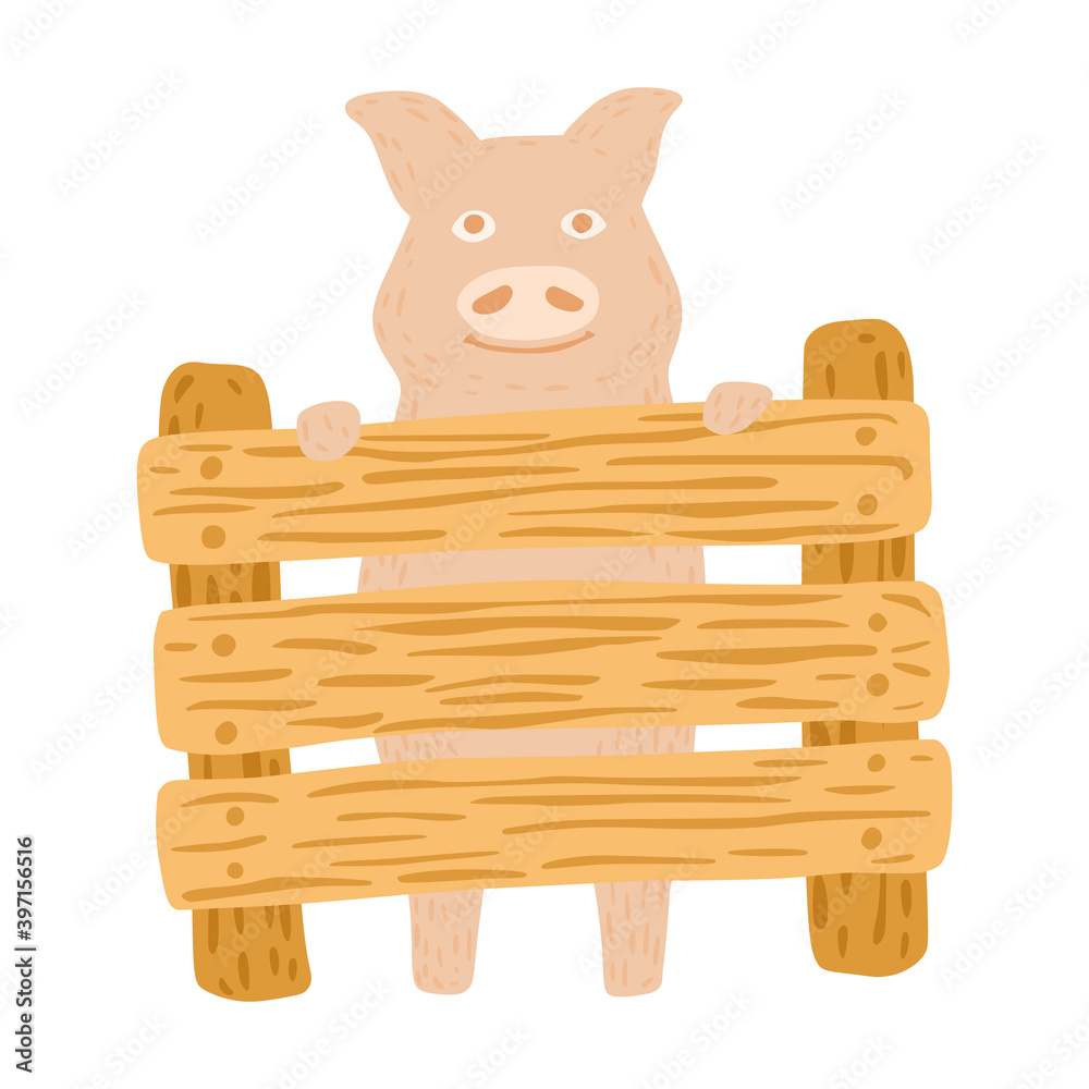 Pig stand with fence isolated on white background. Funny cartoon character pink color in doodle style. Pig stand with fence isolated on white background. Funny cartoon character pink color in doodle style.