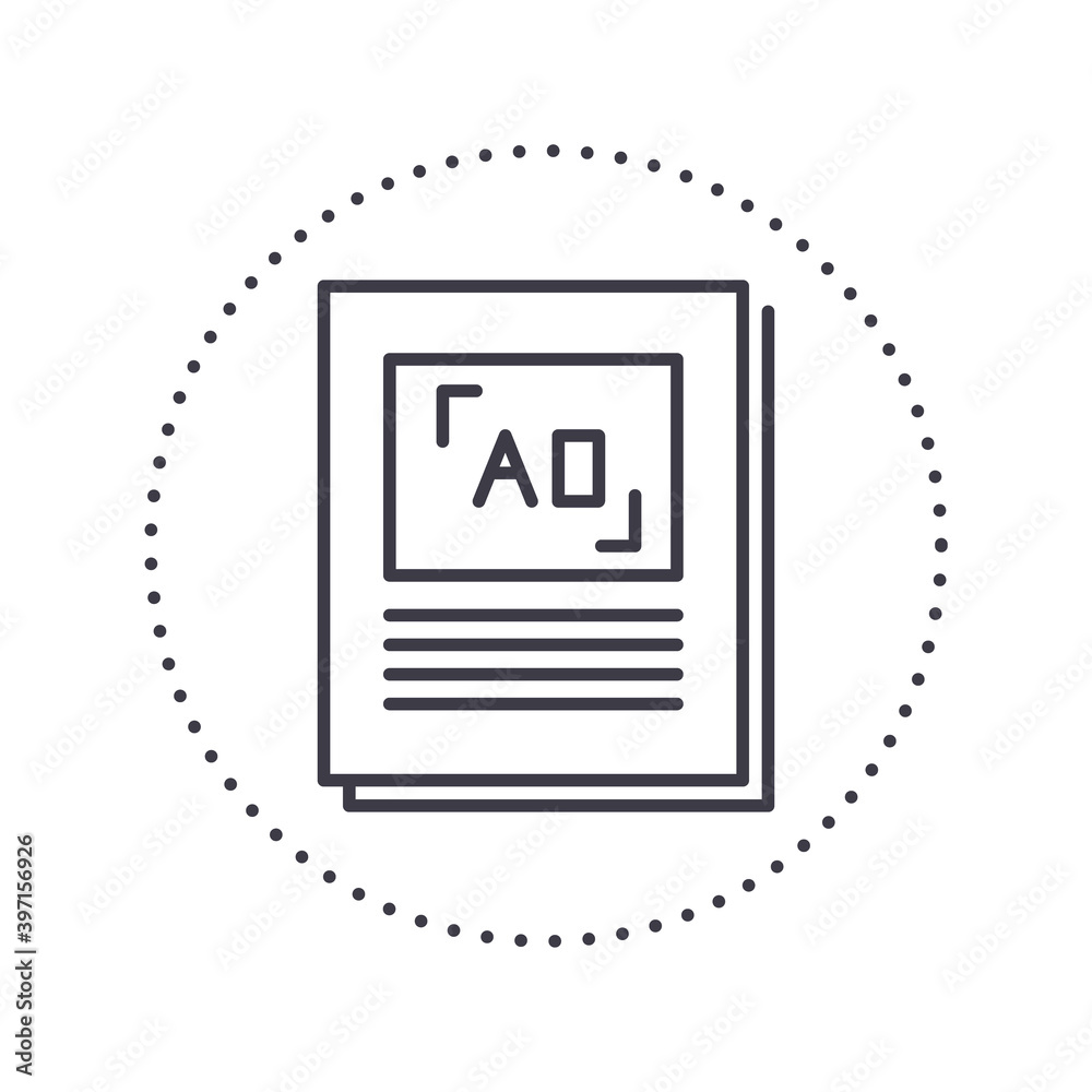 Newspaper advertising icon, linear isolated illustration, thin line vector, web design sign, outline concept symbol with editable stroke on white background. Newspaper advertising icon, linear isolated illustration, thin line vector, web design sign, outline concept symbol with editable stroke on white background.