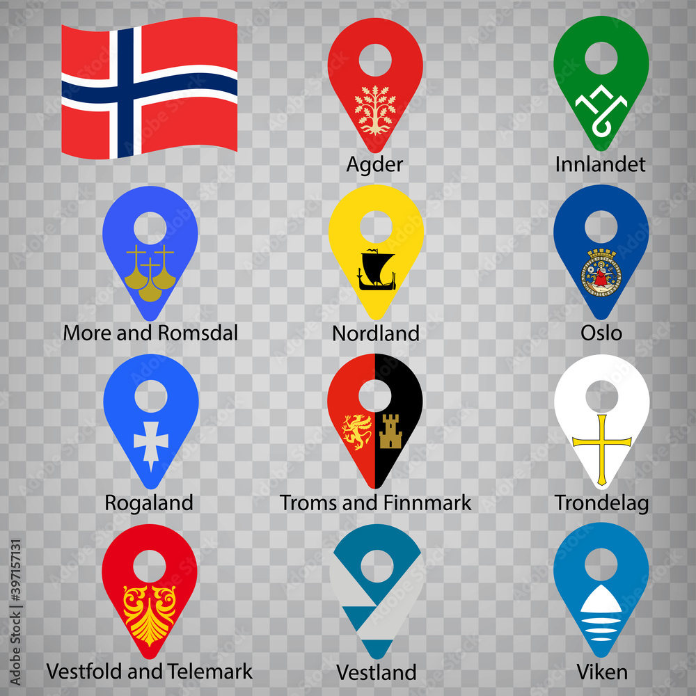 Eleven flags the Counties of Norway - alphabetical order with name. Set of 2d geolocation signs like flags Regions of Norway. Eleven 2d geolocation signs for your design. EPS10 Eleven flags the Counties of Norway - alphabetical order with name. Set of 2d geolocation signs like flags Regions of Norway. Eleven 2d geolocation signs for your design. EPS10