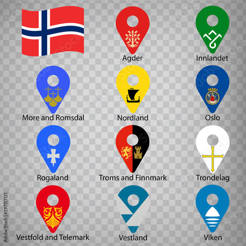 Eleven flags the Counties of Norway -  alphabetical order with name.  Set of 2d geolocation signs like flags Regions of Norway.  Eleven 2d geolocation signs for your design. EPS10 photo