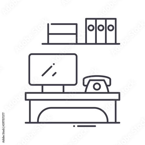 Office desk work icon, linear isolated illustration, thin line vector, web design sign, outline concept symbol with editable stroke on white background.