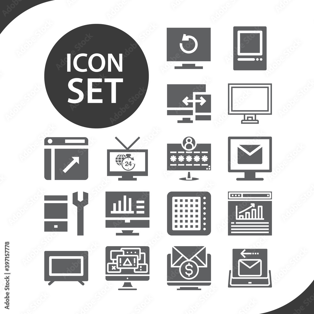 Simple set of monitoring related filled icons. Simple set of monitoring related filled icons.