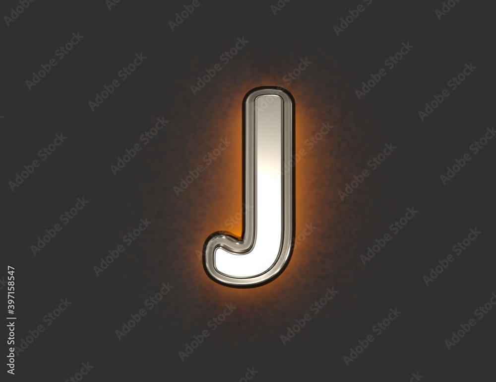 Silver metal font with outline and orange backlight - letter J isolated on dark, 3D illustration of symbols Silver metal font with outline and orange backlight - letter J isolated on dark, 3D illustration of symbols