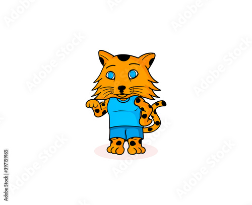 Orange kitten with black spots, blue eyes, blue clothes a beautiful mascot.	