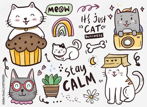 Cat doodle drawing collection with card box and cupcake illustration