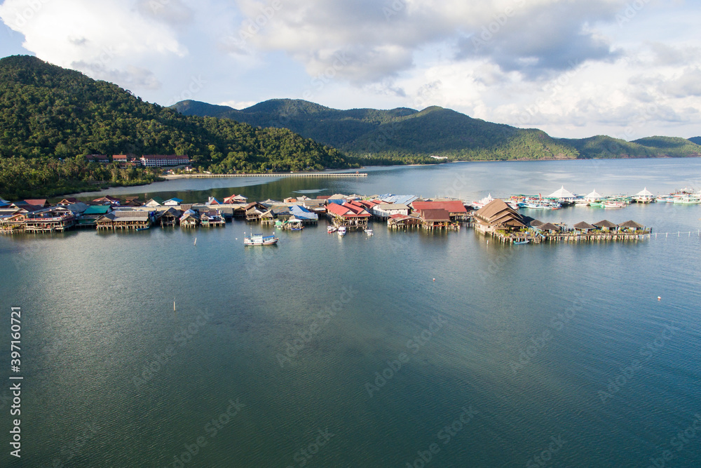 Aerial shot of Bang Bao village in Koh Chang Thailand in a bay of water