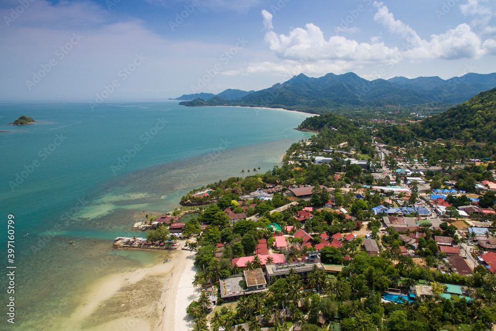 Aerial view of tropical coastline on Koh Chang, Thailand with mountains,jungle and ocean