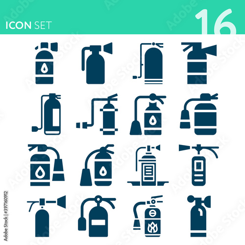 Simple set of 16 icons related to extinguisher