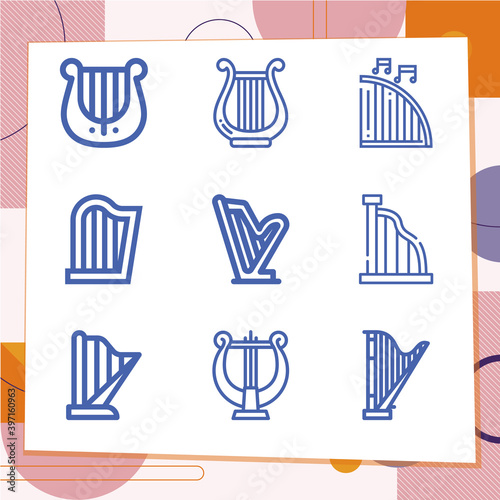 Simple set of 9 icons related to harp
