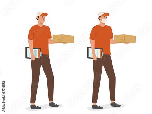 Courier with the parcel, Courier in a face mask with a box in his hands.