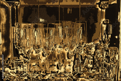 Fondo en relieve 3d de una vajilla de cristal, copas y vasos, dentro de una vitrina, empezando a resquebrajarse. Ilustración estilo vintage en tonos dorados. (ID: 397161337)