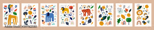 Spring floral posters with abstract shapes, flowers and animals. Baby animals posters. Fabric pattern. Vector illustration with cute animals. Nursery baby prints illustration