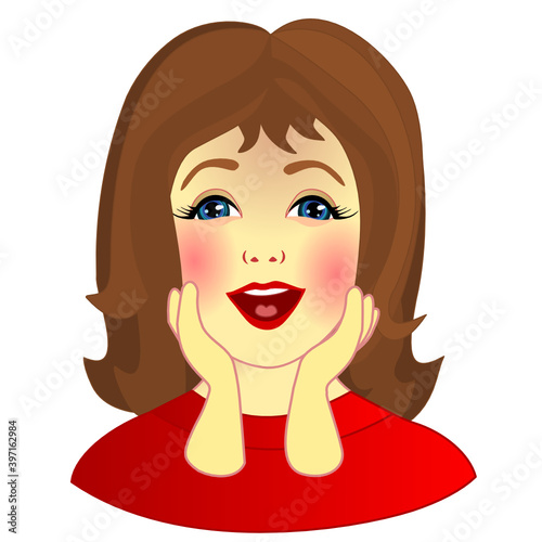 happy women daydreams while propping his head up with hands, simplistic facial expression vector illustration, simple hand drawn emoticon, funny cartoon character