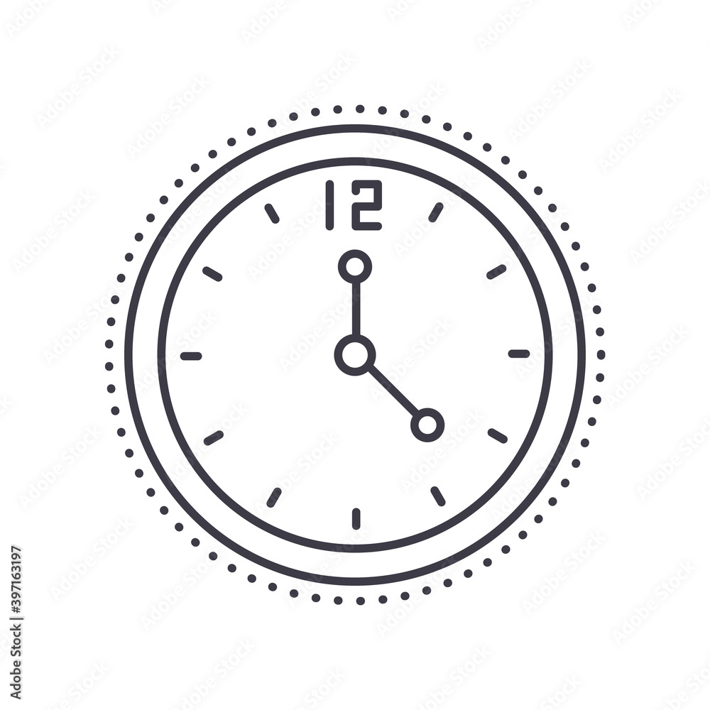 Office clock icon, linear isolated illustration, thin line vector, web design sign, outline concept symbol with editable stroke on white background. Office clock icon, linear isolated illustration, thin line vector, web design sign, outline concept symbol with editable stroke on white background.