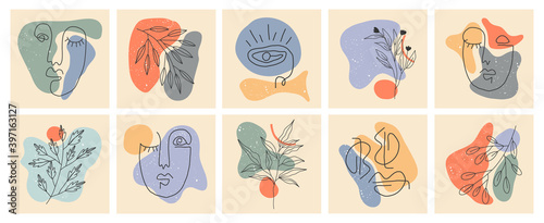 Collection of highlight story covers for social media. Pastel hand drawn backgrounds. Round elements and icons with dots, abstract shapes, lines, floral details, texture for your blog or website.