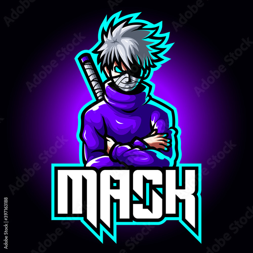 Mascot esport character logo gaming purple jacket costume ninja modern with mask and sword. Logo gaming for team squad.