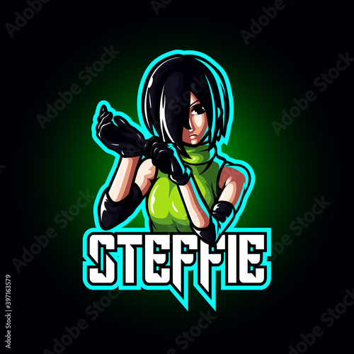 Mascot esport women fighter character logo gaming green costume . Logo gaming for team squad.