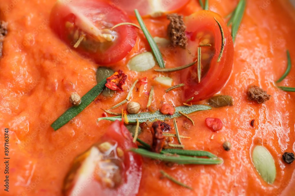 Bowl of tomato cream soup, closeup Bowl of tomato cream soup, closeup