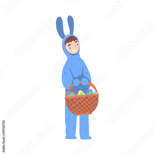 Happy Child Girl Wearing Blue Bunny Costume Carrying Wicker Basket with Easter Eggs, Happy Easter Concept Cartoon Style Vector Illustration