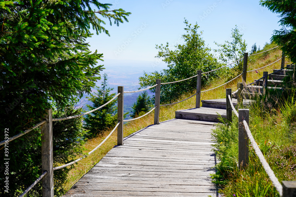 wooden pedestrian walking pathway in puy de dome volcano in french summer day wooden pedestrian walking pathway in puy de dome volcano in french summer day