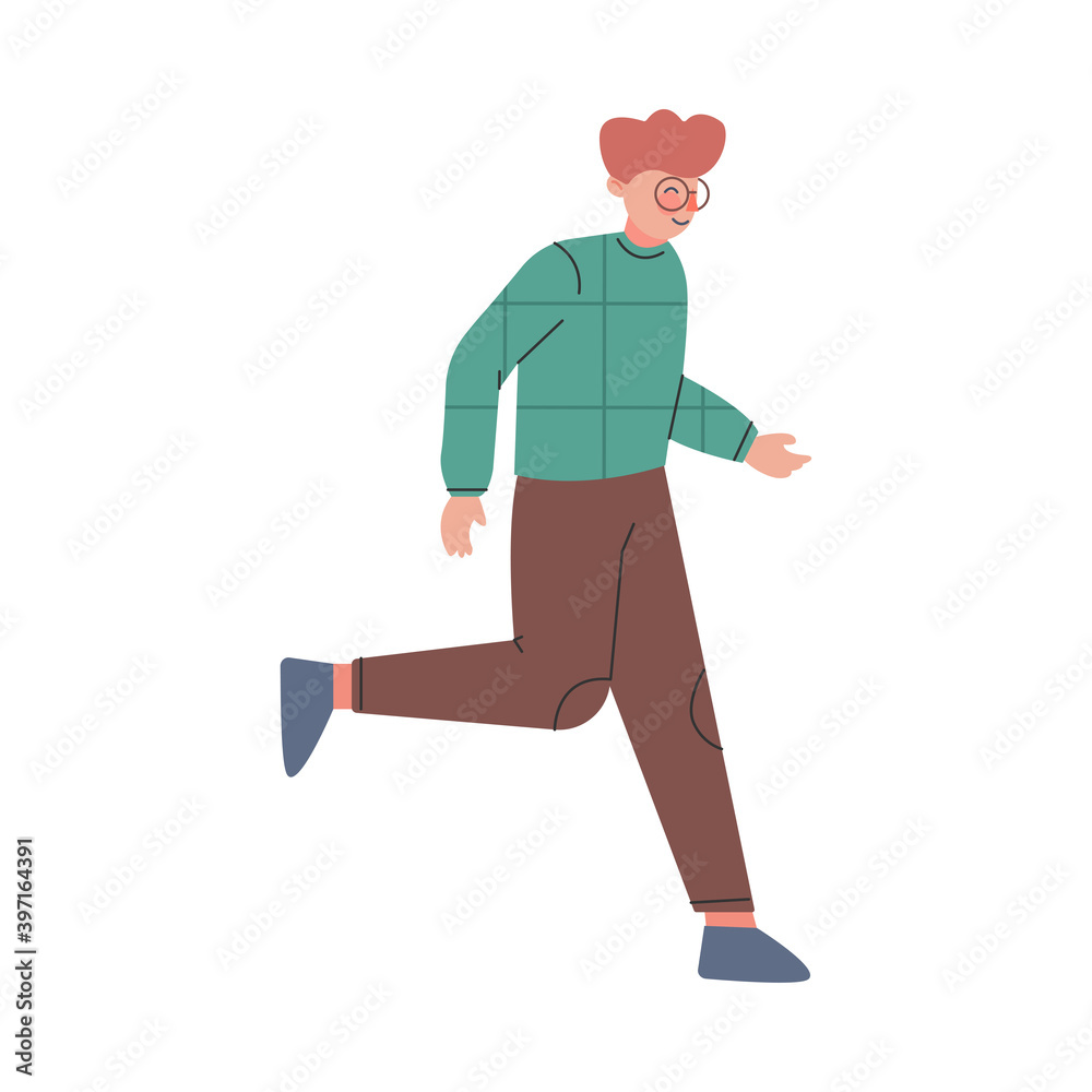 Young Male Trotting and Running Ahead in a Hurry Vector Illustration