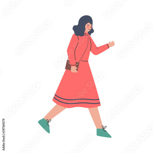 Young Female Trotting and Running Ahead in a Hurry Vector Illustration