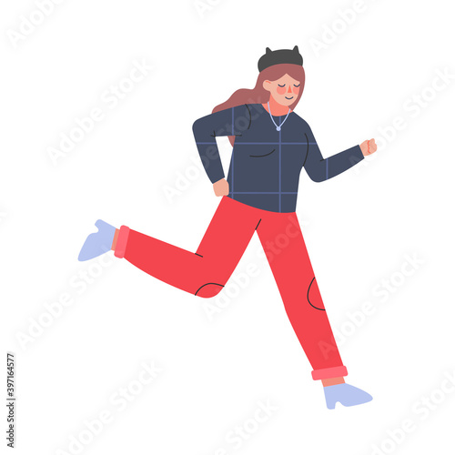 Young Female Trotting and Running Ahead in a Hurry Vector Illustration