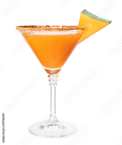 Glass of tasty pumpkin pie martini on white background photo