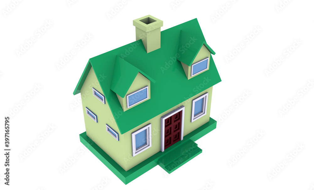 Green model of a simple house isolated on a white background. 3d illustration. Green model of a simple house isolated on a white background. 3d illustration.