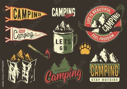 Set of camping and travel emblems or print, patch, including eagle, forest, rock, metal mug, flag, burning match, map and bear footprint