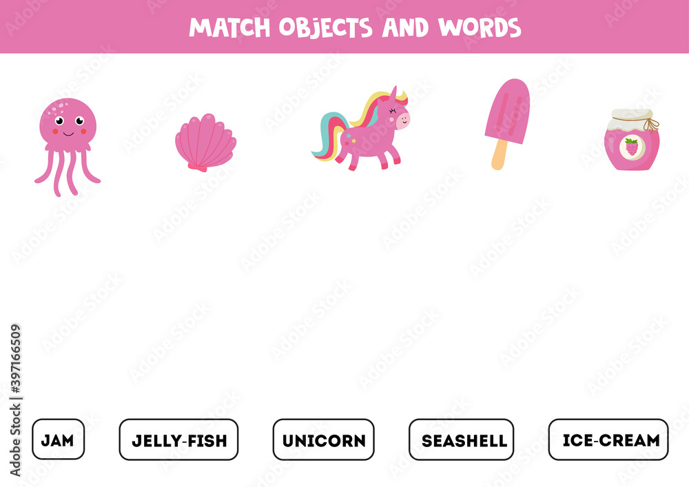 Match pink objects and written words. Logical game for kids. Practicing reading skills.