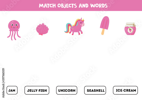 Match pink objects and written words. Logical game for kids. Practicing reading skills.